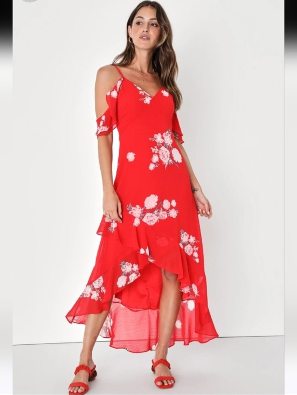 Lulu's Red Floral Cold-Shoulder Maxi Dress - Picture 2 of 6